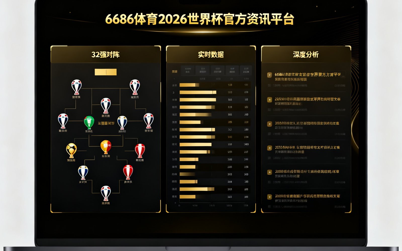 6686体育2026世界杯官方资讯平台展示界面，屏幕中呈现32强球队对阵图、实时数据面板和深度分析文章列表，整体设计以深色背景搭配金色点缀，彰显专业体育资讯气质